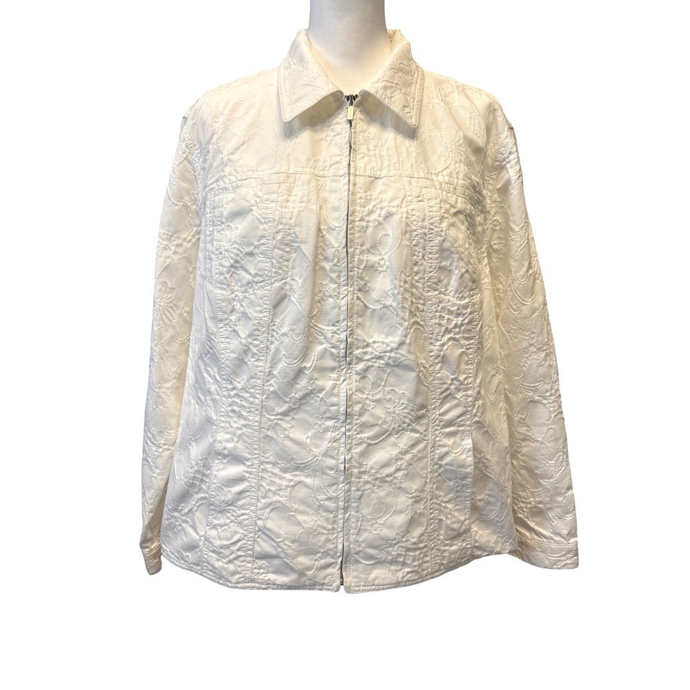 Jones New York Signature Woman White Floral Jacquard Zip Up Jacket Plus Size‎ 2X